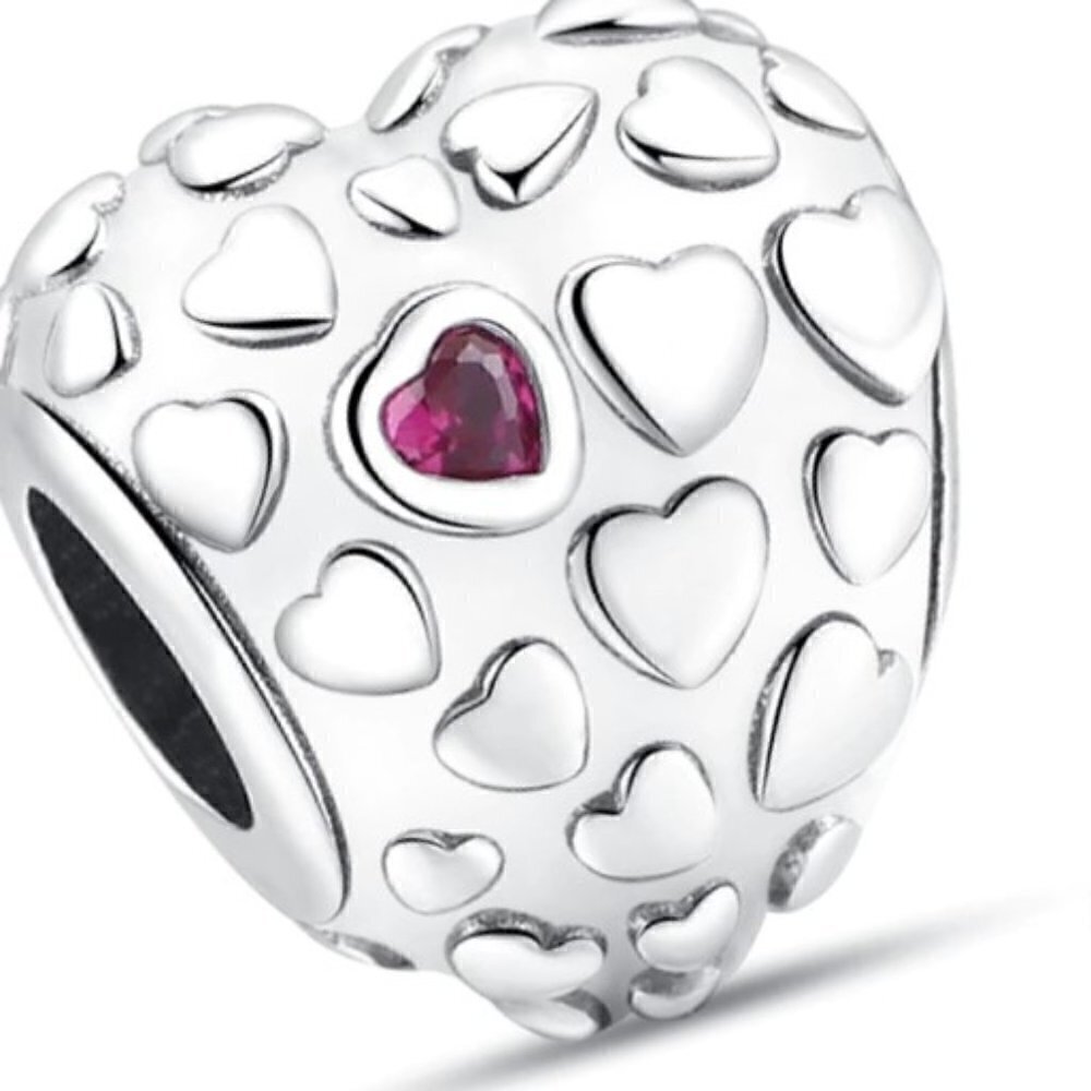 Sterling Silver Embossed Heart Charm with Cubic Zirconia Stone